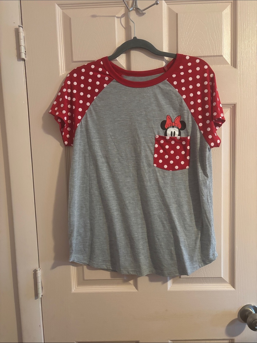Disney Gray Tee with Red Polka-Dot Raglan Sleeves and Pocket